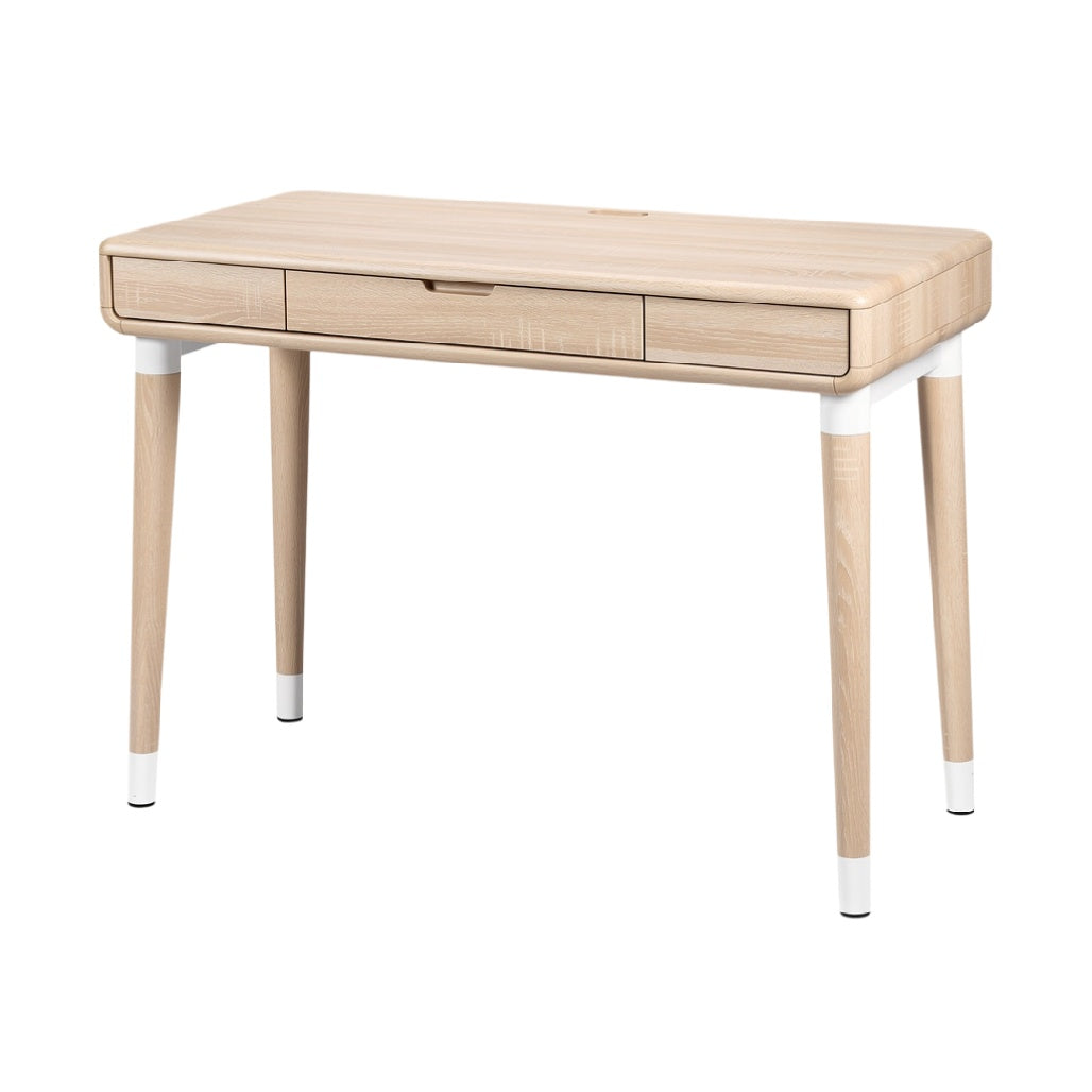 **Bureau en bois clair avec tiroir et pieds blancs**