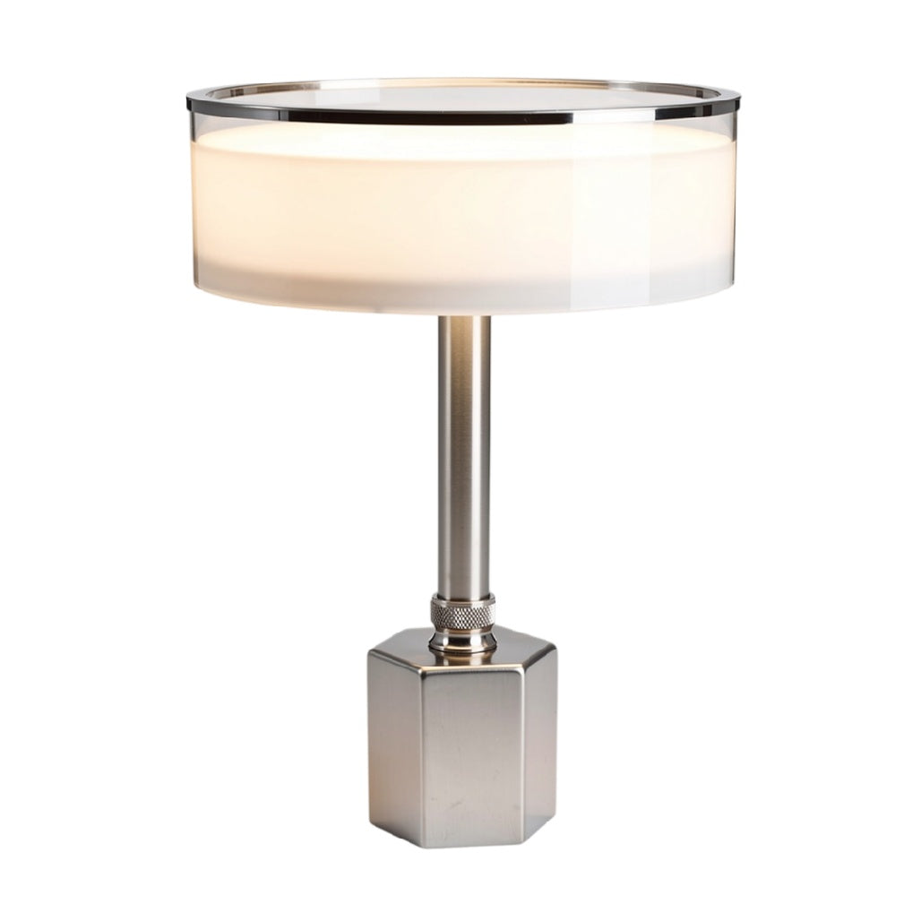 **Lampe de table moderne avec abat-jour en verre opalin et base cubique en métal**