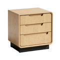 **Table de chevet en bois naturel avec trois tiroirs et base noire**