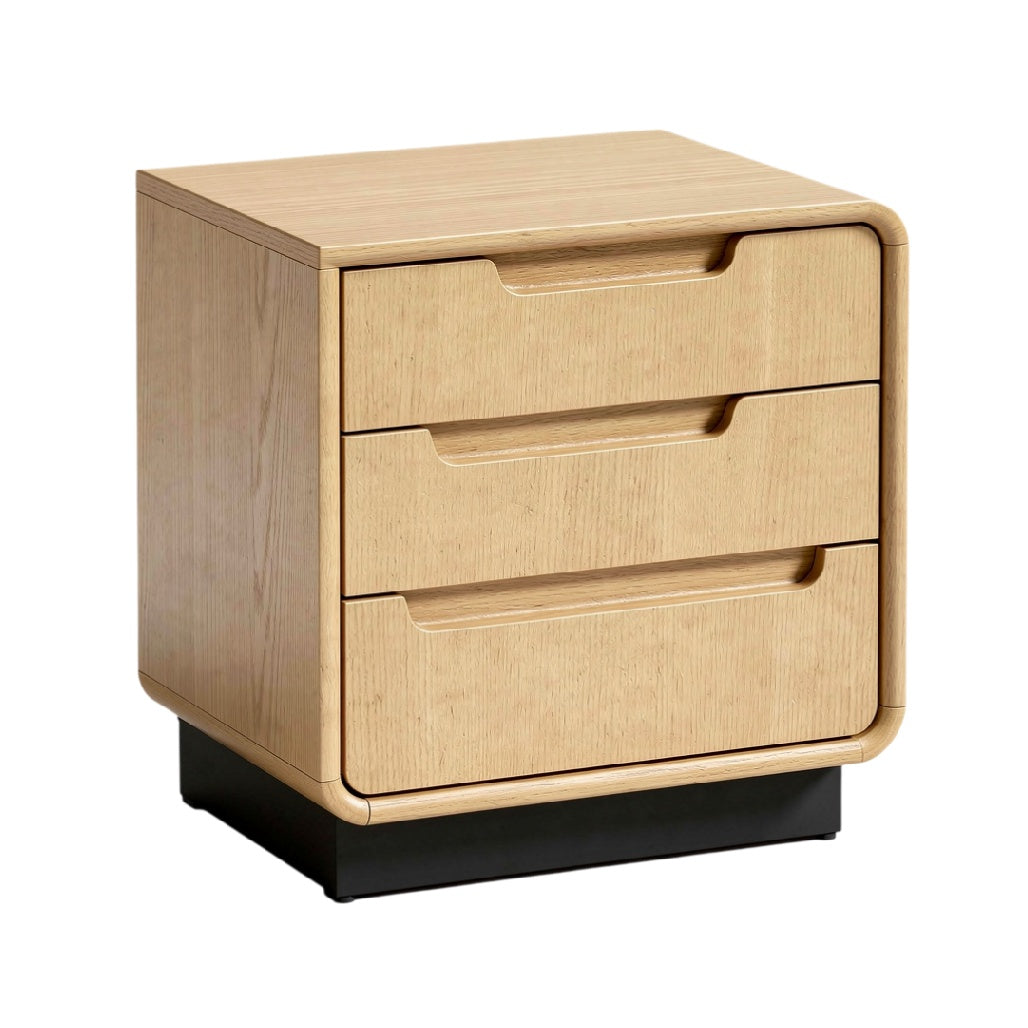 **Table de chevet en bois naturel avec trois tiroirs et base noire**